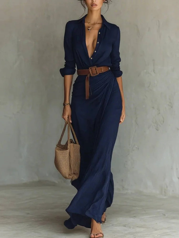Autumn Elegant Solid Color Irregular Ruffled Dress With Belt, Sexy Slim Waist Long Dress 