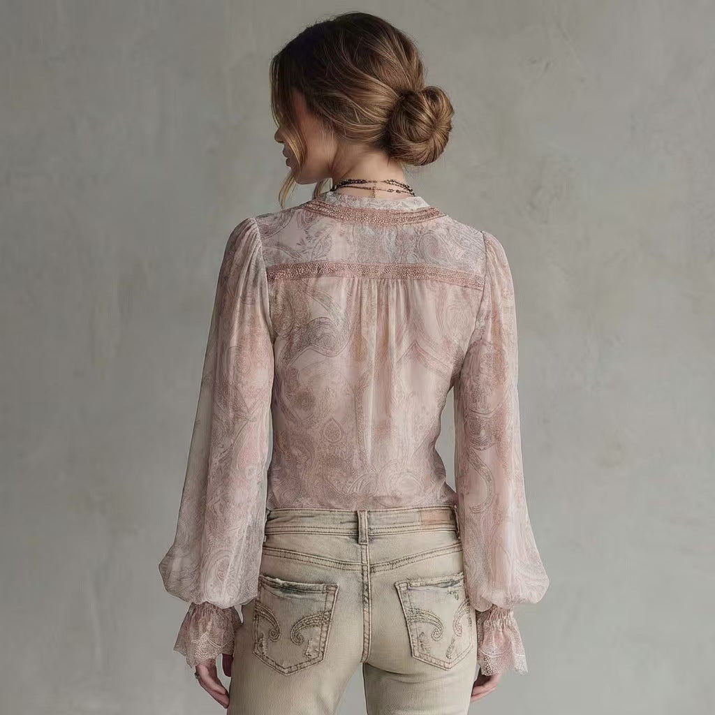 Maillard Pure & Seductive Chic Design Fake Two-Piece Knotted Lace Flared Sleeve Top 