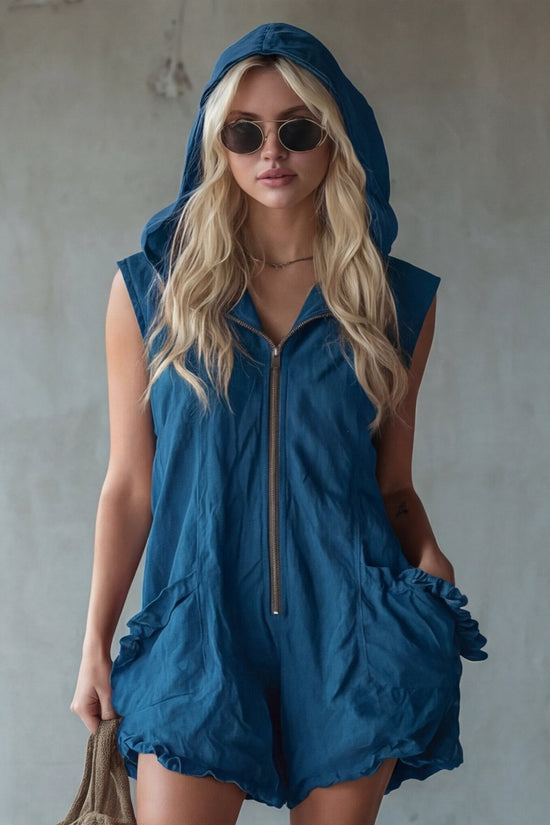 Retro-style Hooded Zip-up Sleeveless Cropped Cotton-linen Jumpsuit 