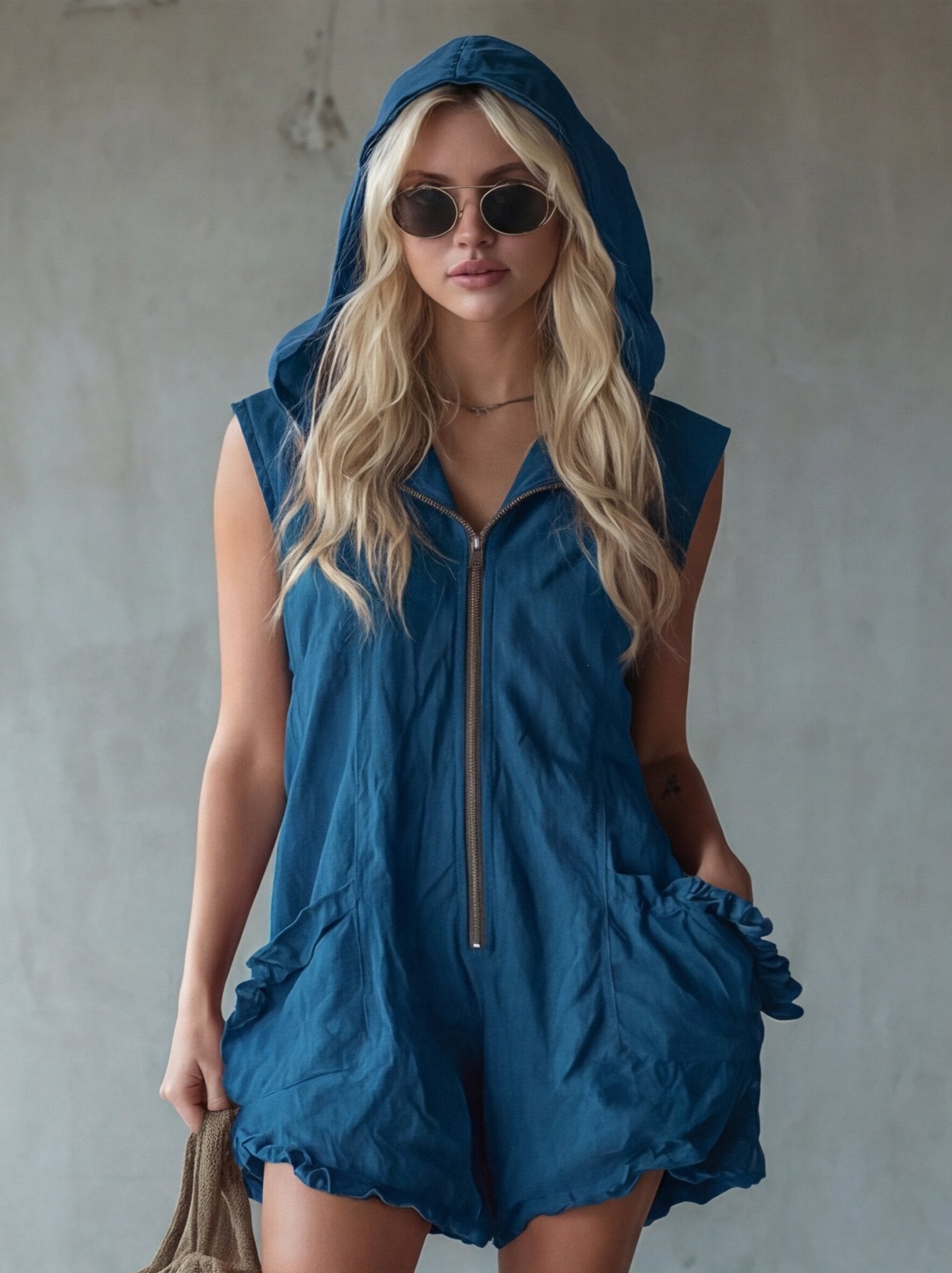 Retro-style Hooded Zip-up Sleeveless Cropped Cotton-linen Jumpsuit 