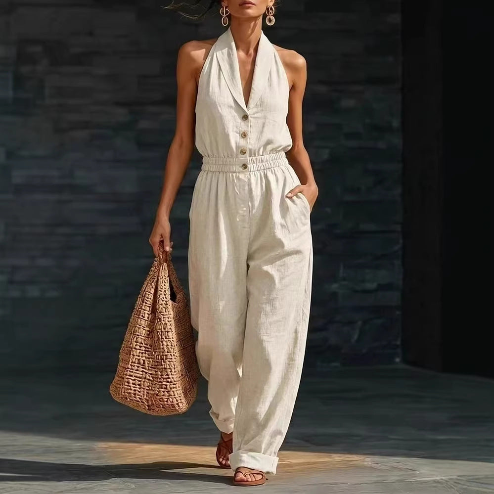 Fashionable Solid-Color Slimming V-Neck Jumpsuit 