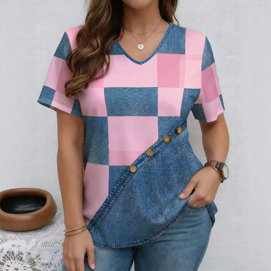 Womens Summer New V-Neck Denim Printed Short-Sleeve T-Shirt 