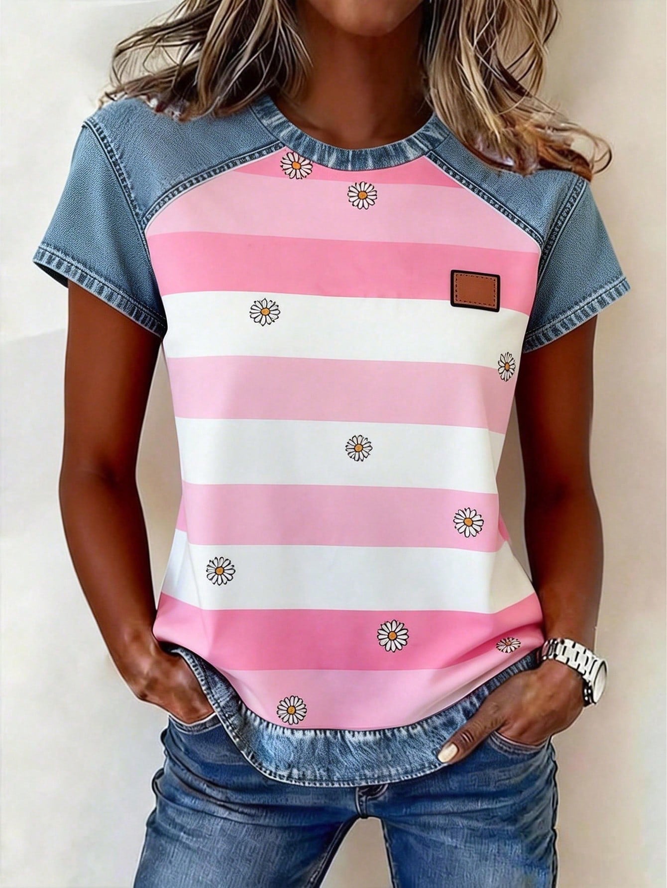 Women's Retro Denim Patchwork Short-Sleeve Shirt – Loose Fit 