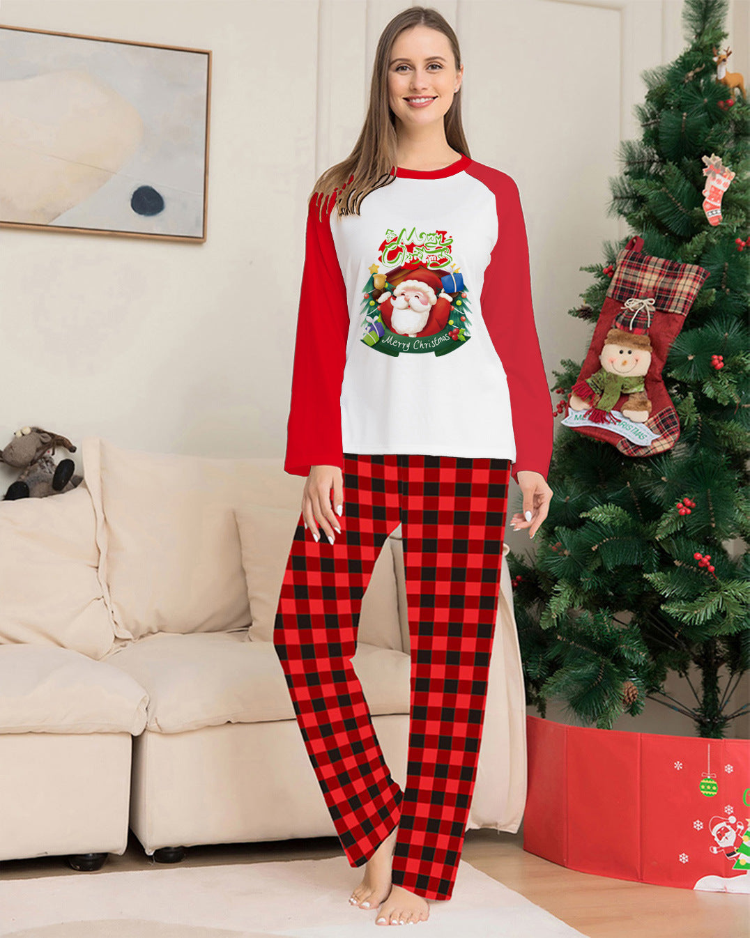 Christmas Parent-Child Clothes Set Long Sleeve T-Shirt Plaid Pants Family Matching Pajamas CJ