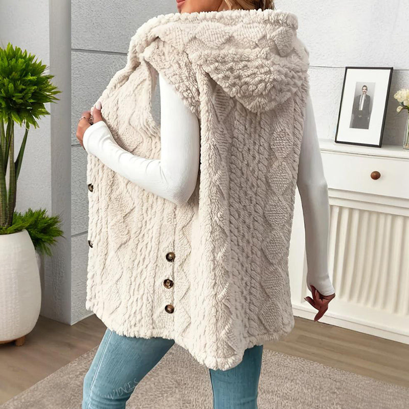 Women's Textured Sleeveless Hooded Vest, Button-Front Layering Piece For Fall & Winter Outfits CJ US