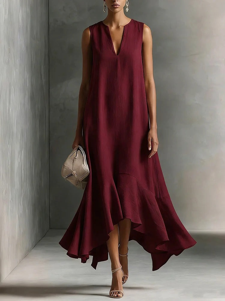 New Stylish Deep V-Neck Sleeveless Elegant Asymmetrical Hemline Dress 