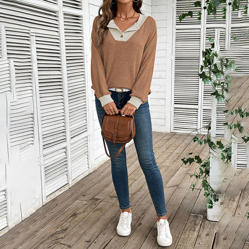 Women's Color Block Pullover - Spring Fall V-Neck Long Sleeve Casual Loose Top 