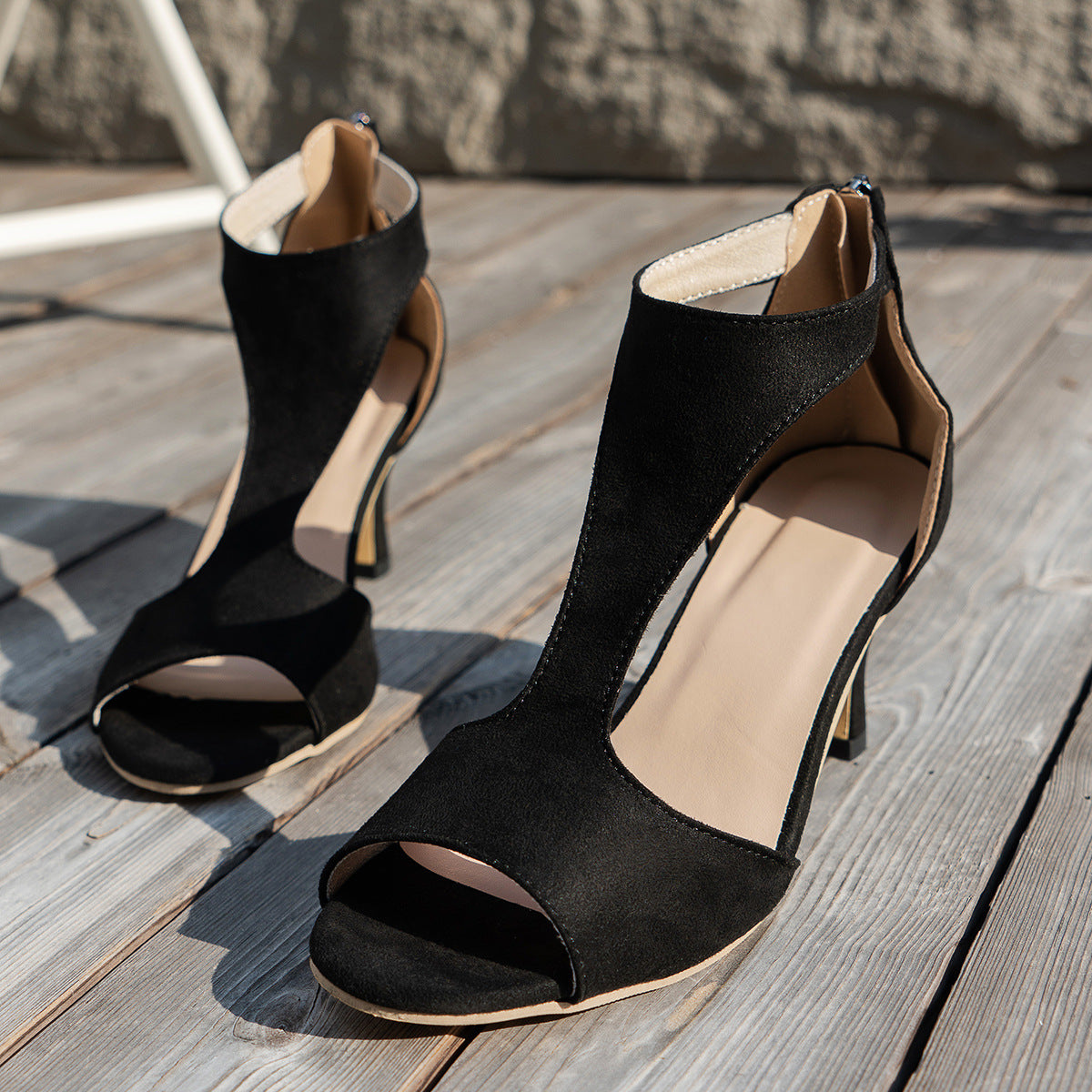 Women's Zipper Bag Heel Peep Toe Shoes After Summer CJ