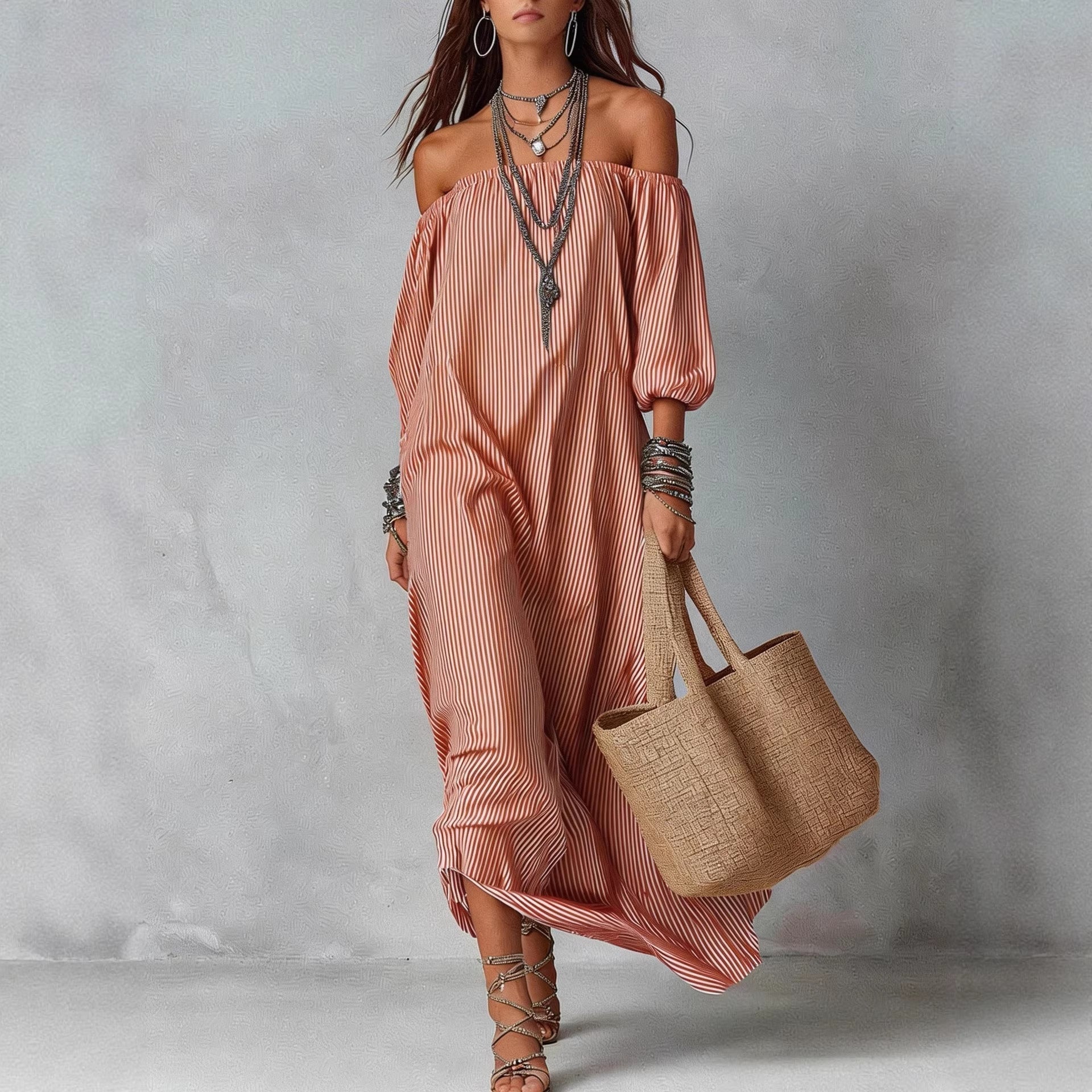New SpringSummer Elegant Striped Loose-Fit Chic Holiday Dress For Women 