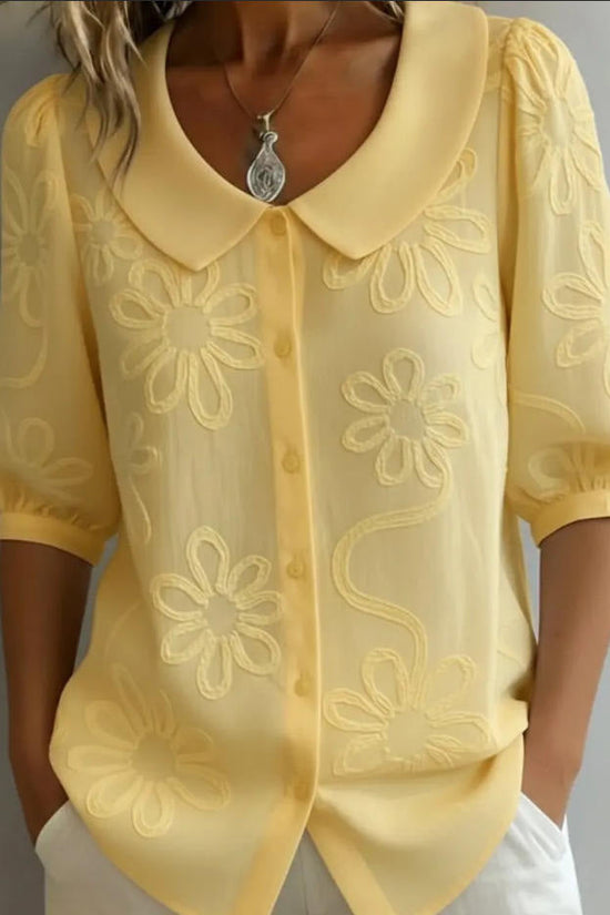 Loose-fit Retro Buttoned 3D Embroidered Floral Shirt 