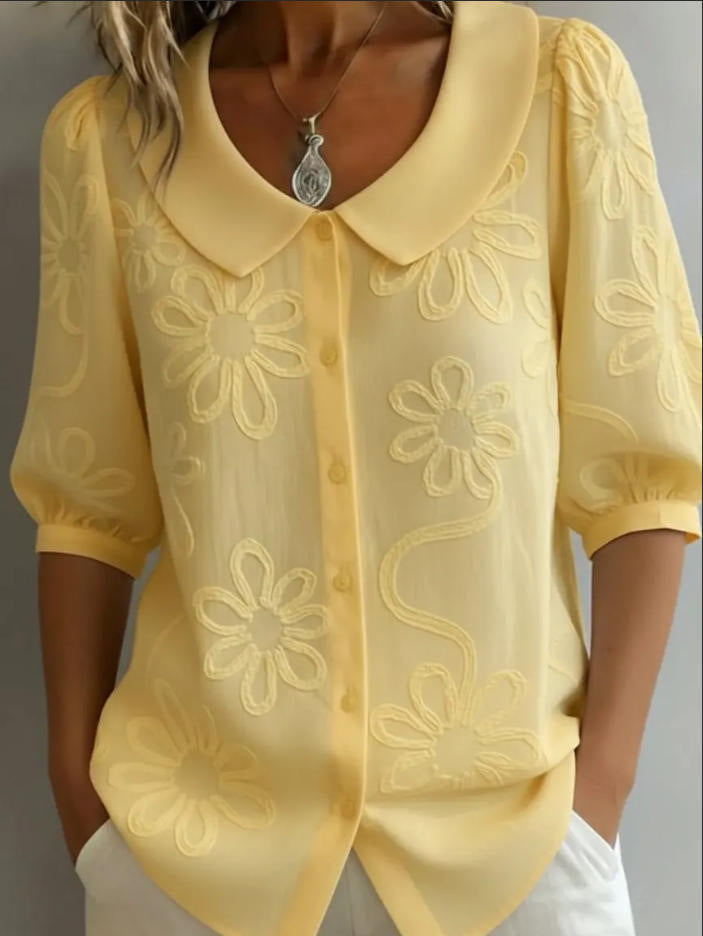 Loose-fit Retro Buttoned 3D Embroidered Floral Shirt 