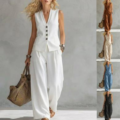 Womens Solid-Colored Sleeveless Casual Linen Tank Top And Pants Set 