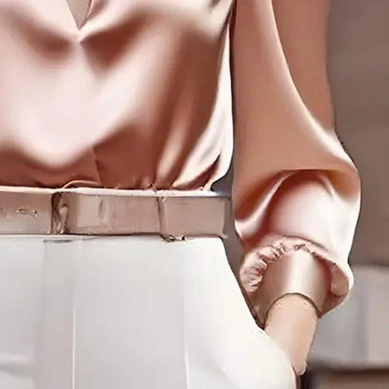 Women's Elegant V-Neck Long Sleeve Solid Color Satin Top Slim Fit Blouse For Office Party & Daily Wear 
