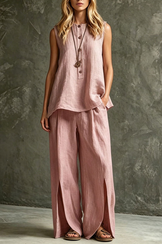 Womens Loose Sleeveless Tank Top And Slit Wide-Leg Pants Set 