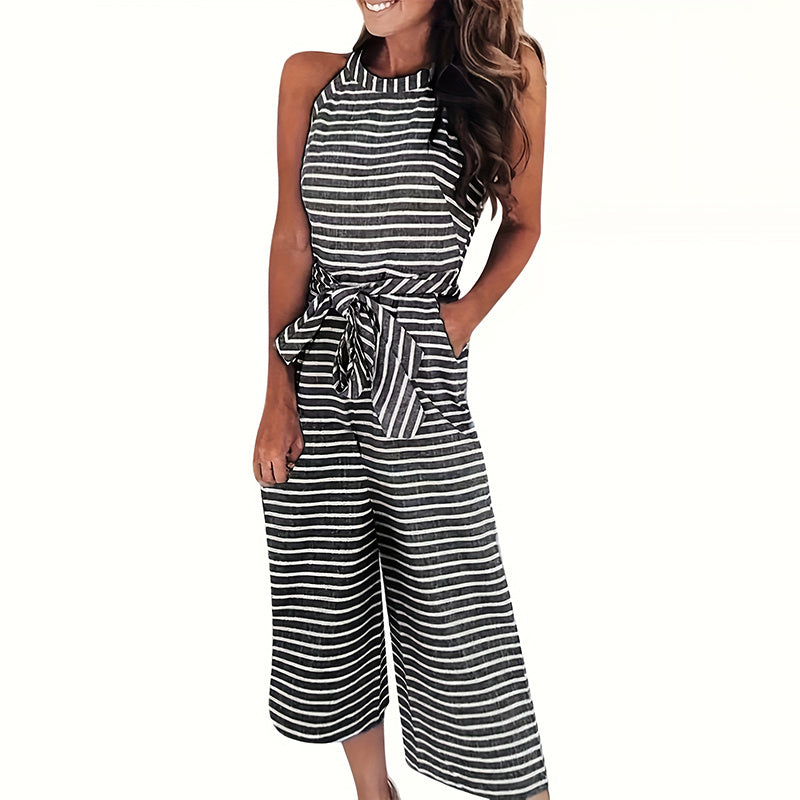 Womens Casual Striped Jumpsuits Summer Cap Sleeve Wide Leg Jumper Romper Button Down Travel Beach Outfits CJ US