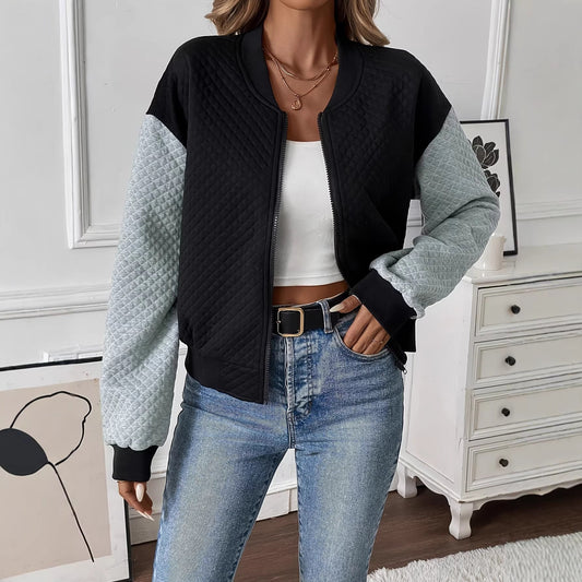 Women's Color Blocked Baseball Collar Casual Long Sleeved Zipper Jacket 