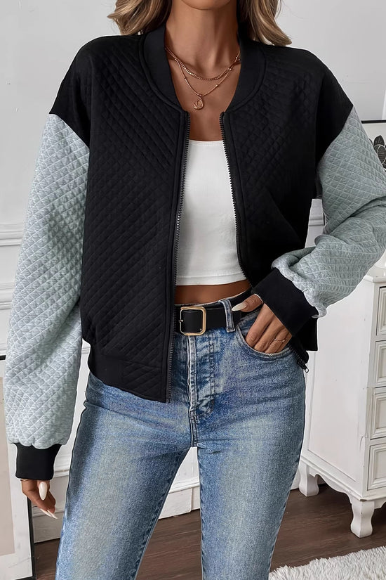 Women's Color Blocked Baseball Collar Casual Long Sleeved Zipper Jacket 