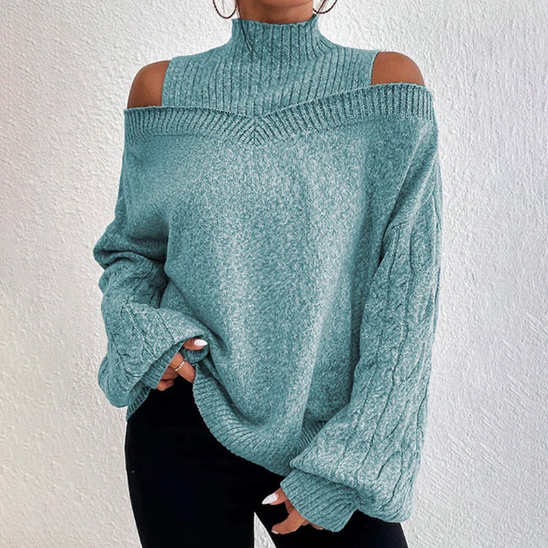 Women's Cold Shoulder Sweater - Sexy High Neck Cut Out Pullover Long Sleeve Top 