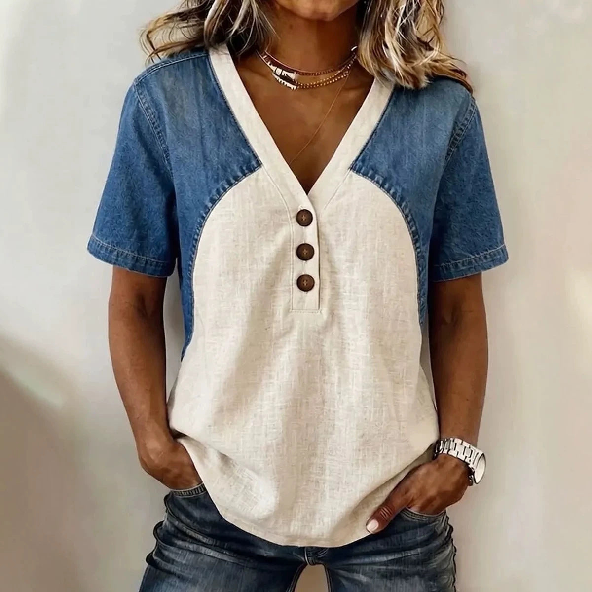 Fashionable Trendy Womens Loose Denim Patchwork T-Shirt 