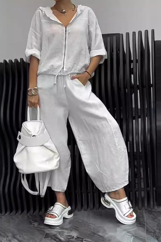 Cotton And Linen Womens Casual Fashion Long-Sleeve Top And Pants Two-Piece Set 
