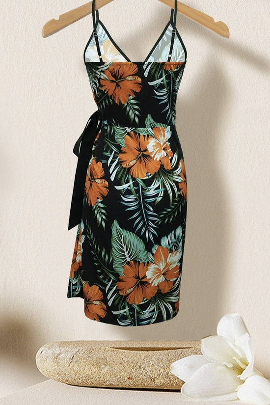 Women's V-neck Lace Up Plant Print Off Shoulder Versatile Dress CJ