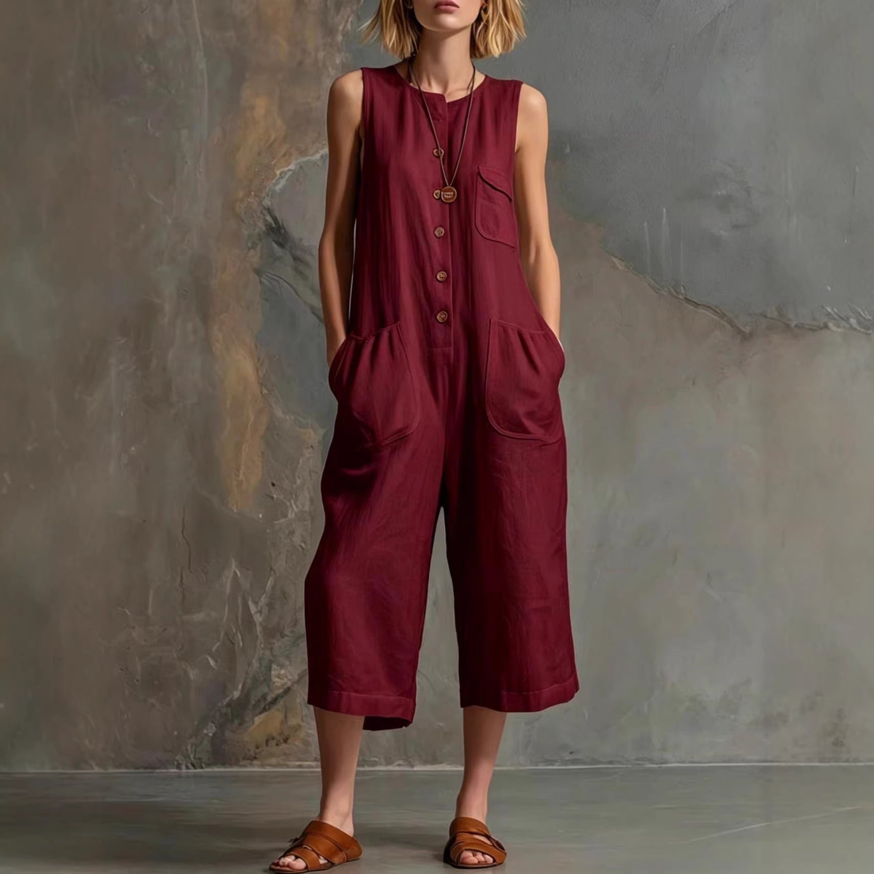 Retro Sleeveless Cotton-Linen Wide-Leg Cropped Jumpsuit 