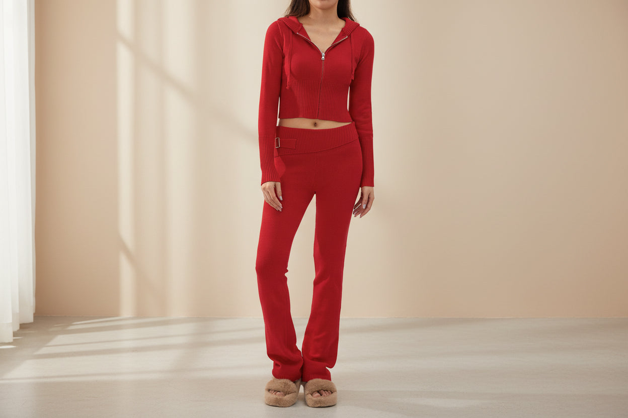 Women’s Knitted Hooded Two-Piece Set – Cardigan & High-Waisted Pants Suit - FitiqueFit
