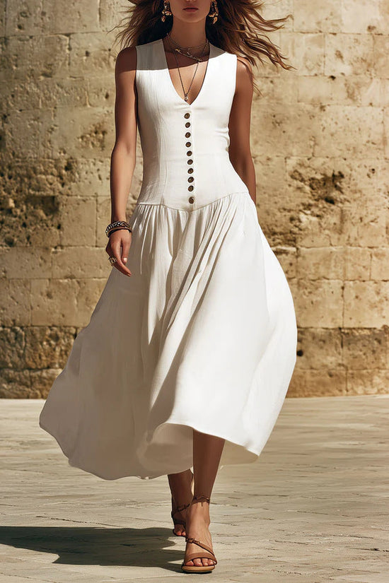 V-Neck Buttoned Chic Elegant Sleeveless Cotton-Linen Dress 