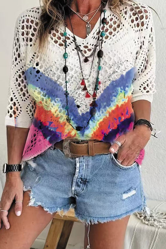 Womens Hollowed-Out Batwing-Sleeve Sweater With 3D Knitted Print 