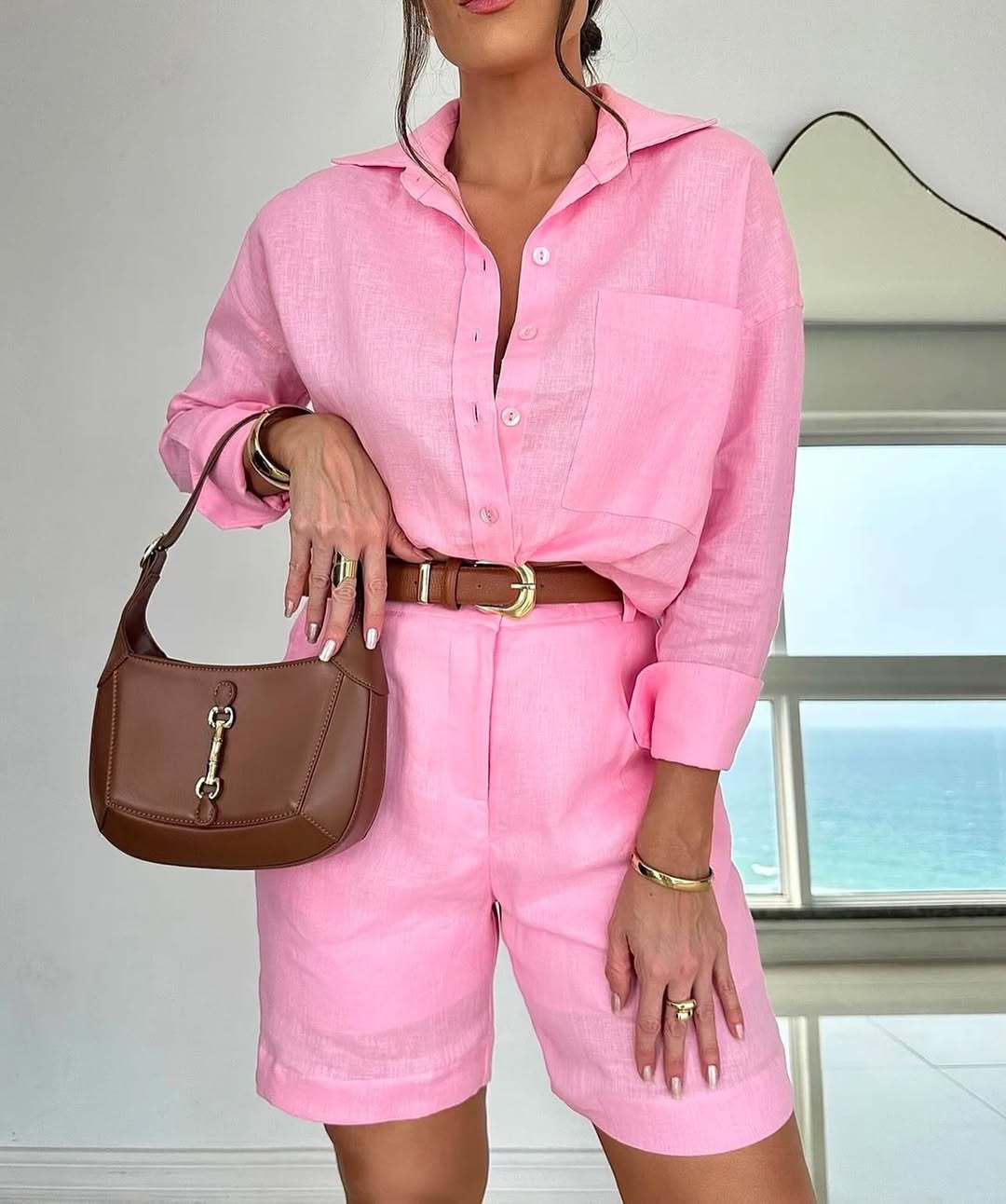 Casual Long-Sleeve Shirt And Shorts Womens Set 