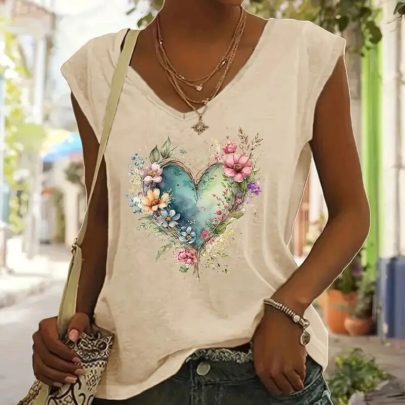 Short Sleeve T-Shirt Floral Heart Print Summer Casual Top CJ US
