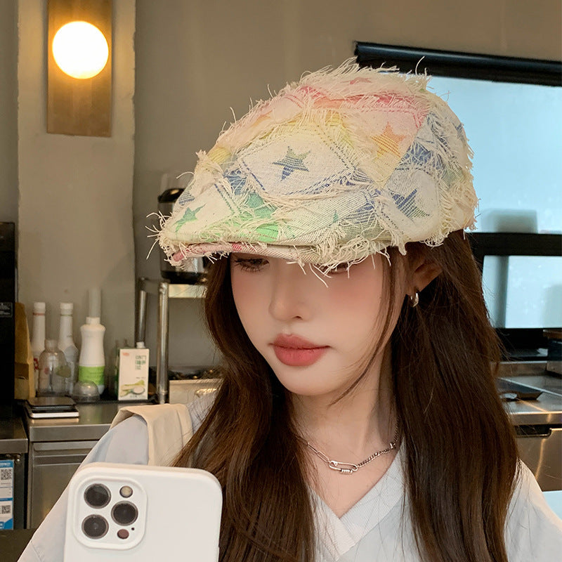 Colorful Plaid Five-pointed Star Advance Hats Women's Korean-style Anti-wear Distressed Edging Beret CJ