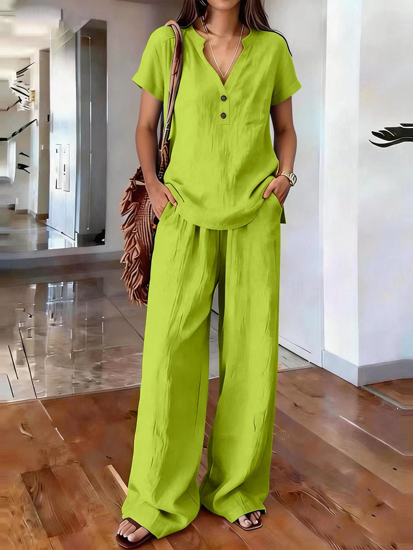 Women's Casual Solid-Colored Cotton And Linen Set 