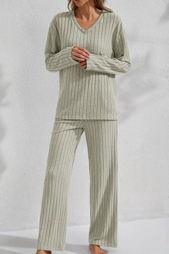 Ribbed Long-Sleeve Top And Pants Casual Comfortable Womens Loungewear Set 
