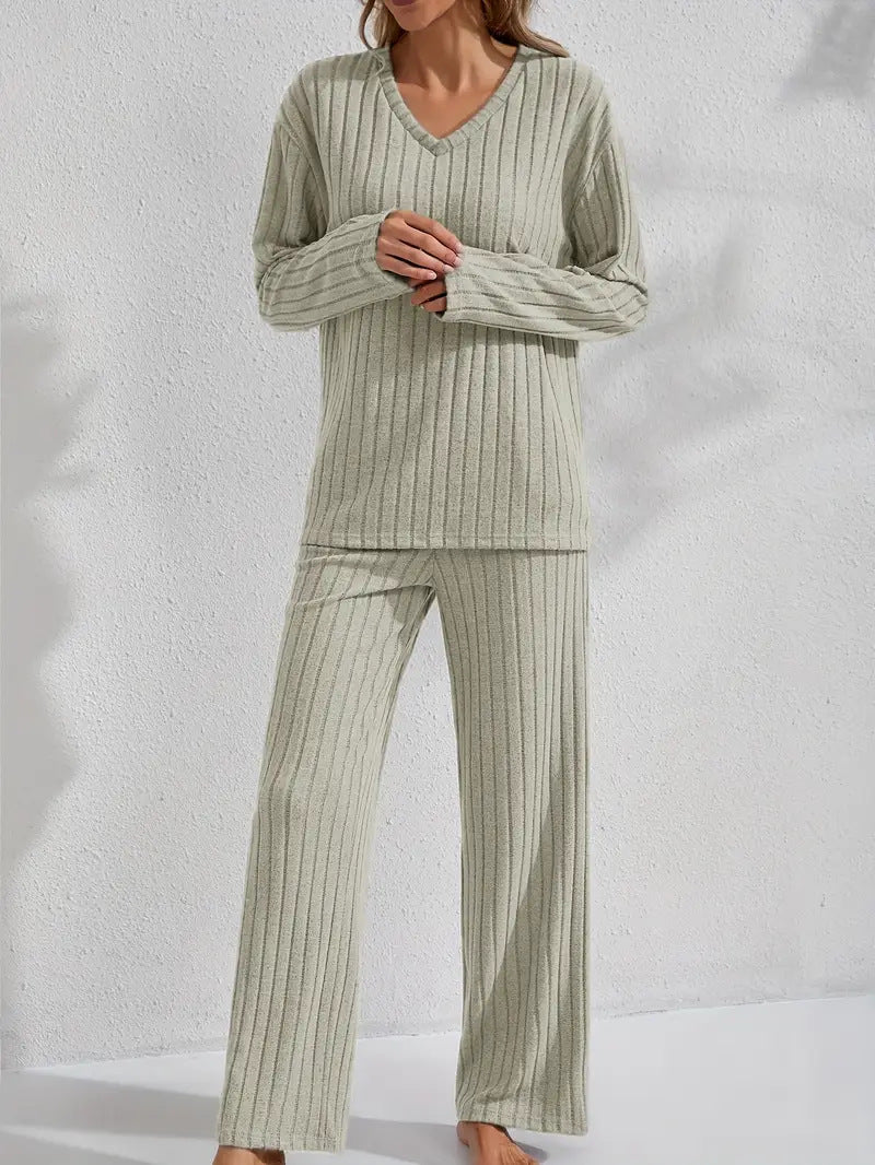 Ribbed Long-Sleeve Top And Pants Casual Comfortable Womens Loungewear Set 