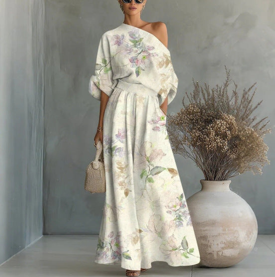 Printed Off-Shoulder Top And Pants Two-Piece Set 