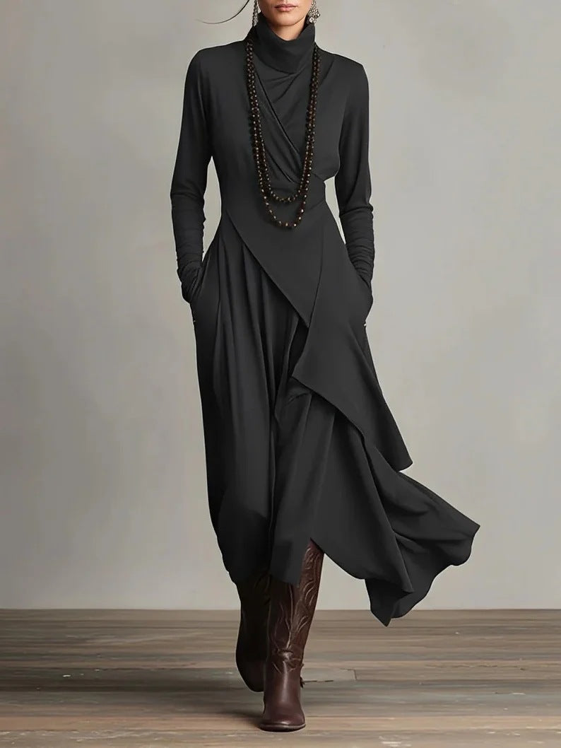 Solid Color Long Sleeve Cross Wrap High Neck Maxi Dress 