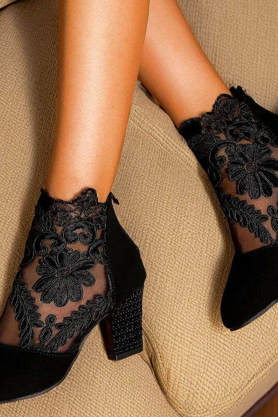 CBlack Lace Embroidered Mesh Ankle Boots, Chunky Rhinestone High-heeled Ankle Boots, Suede Patchwork Sexy Hollow-out Women's Boots, Versatile For Dating And Commuting, Exuding Elegant Femininity, Uniq 