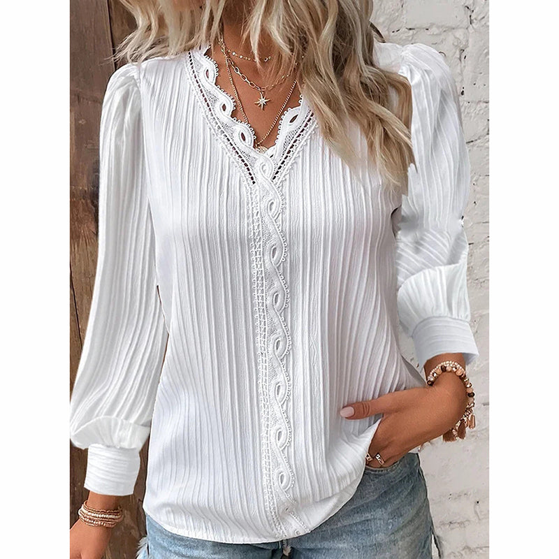 Women's Lace Trim V-Neck Blouse Puff Long Sleeve Dressy Casual Work Shirt 