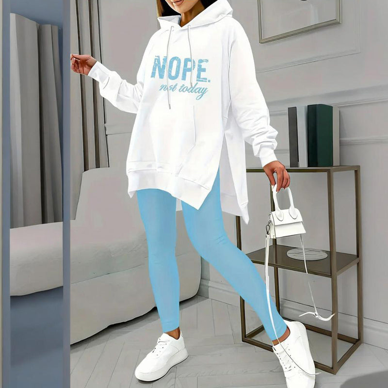 Women's Casual 2-Piece Set Solid Color Leggings & Letter Print Pocket Drawstring Hooded Sweatshirt With Split Hem Spring Fall Fashion Outfit CJ US