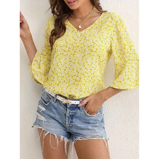Womens Summer Floral Print Blouses V-Neck Flare Sleeve Tops CJ US