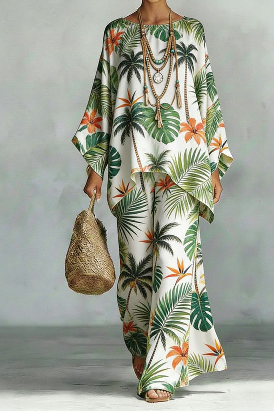 Women's Floral Print Linen Wide-Leg Two-Piece Set 