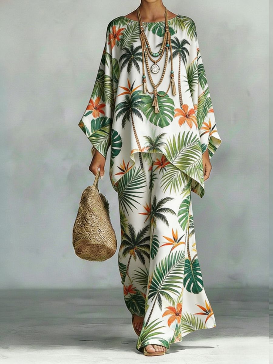 Women's Floral Print Linen Wide-Leg Two-Piece Set 