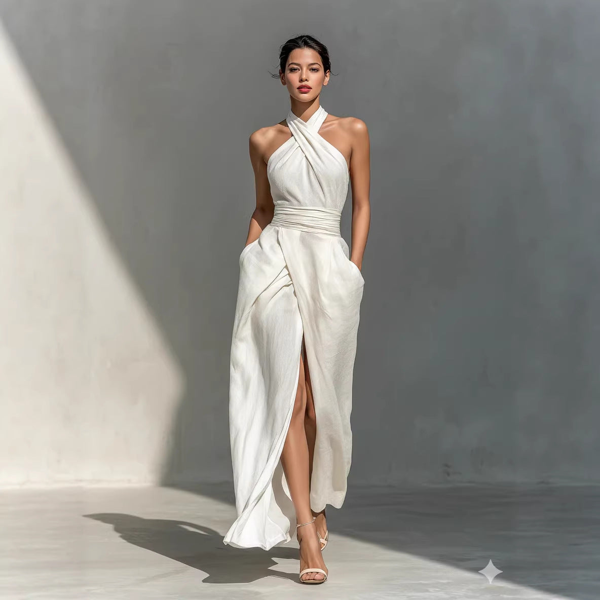 Sleeveless Elegant Slim-fit Pure White Dress 
