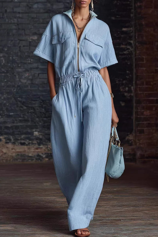 Stand-up Collar Sleeveless Casual Loose-fit Cotton-linen Jumpsuit 