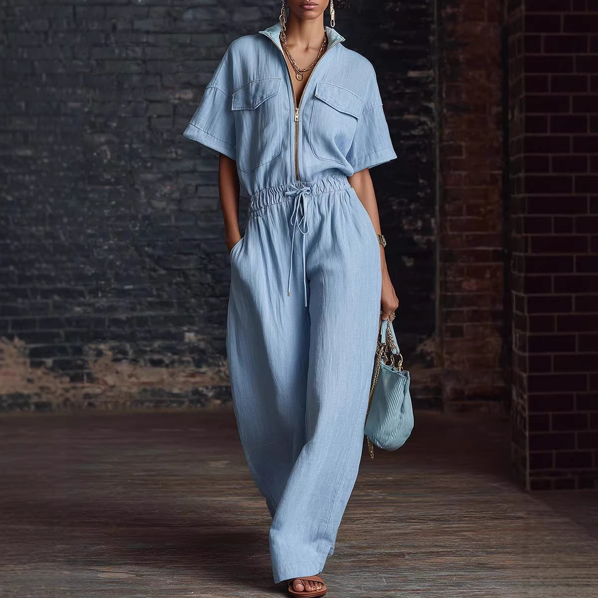 Stand-up Collar Sleeveless Casual Loose-fit Cotton-linen Jumpsuit 