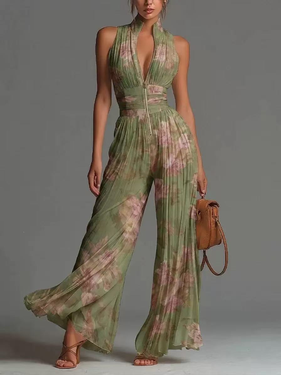 White Pleated Strap Neck Jumpsuit for Women, Long Wide Leg Fashion Sexy Folded Design 