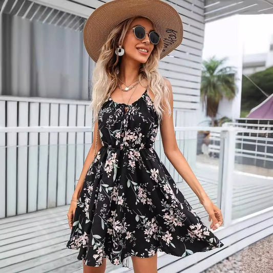 Elegant Sleeveless Printed Dress with Elastic Waist and Straps for Women 