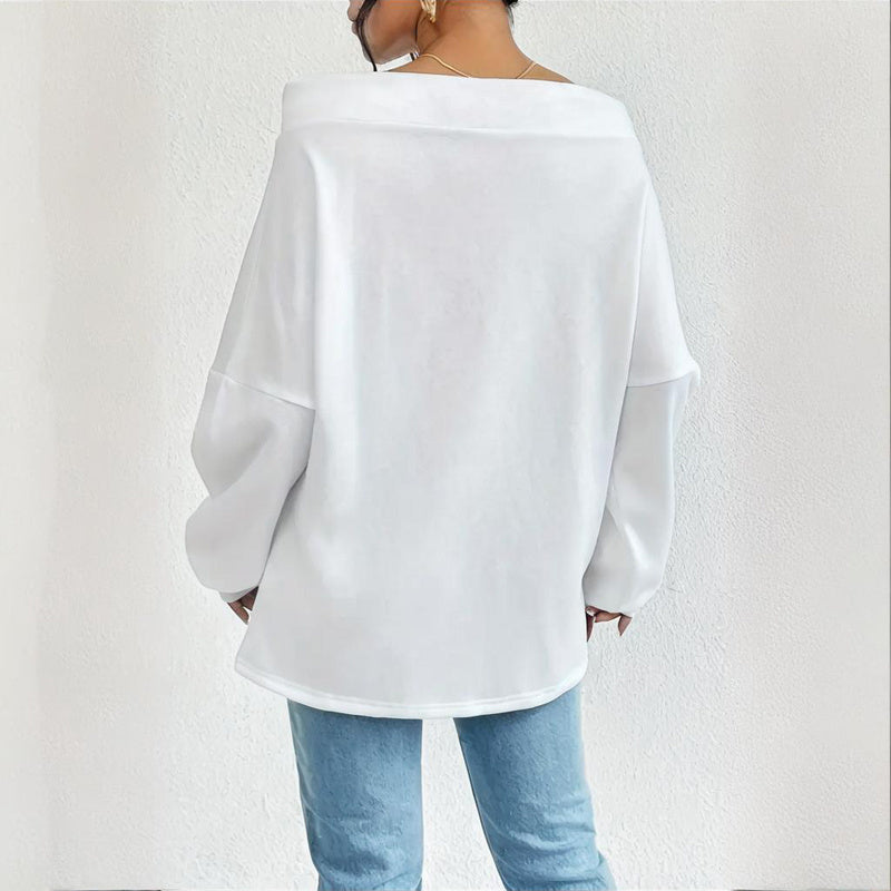 Plus Size Women's Solid Color Off-Shoulder Long Sleeve Pullover With Drawstring - Casual Ribbed Detail Top For Spring&Fall CJ US