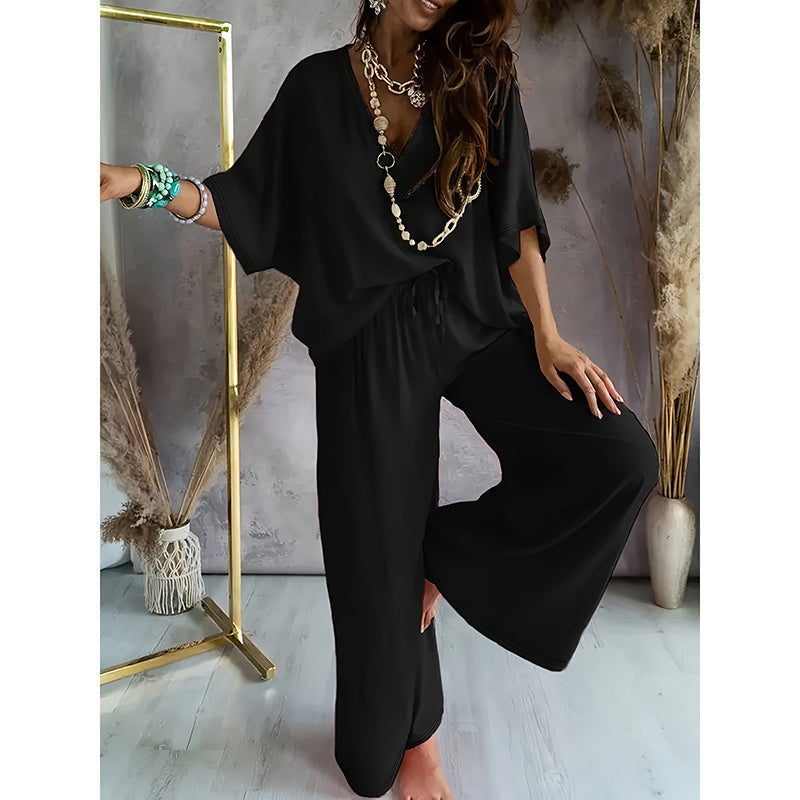 Women's 2 Piece Outfit, Casual Solid Color V-Neck Half Sleeve Top And Wide Leg Pants Lounge Set CJ